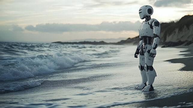 A solitary robot stands on a tranquil beach, the waves gently lapping at its feet.  The scene evokes a sense of quiet contemplation and futuristic solitude.