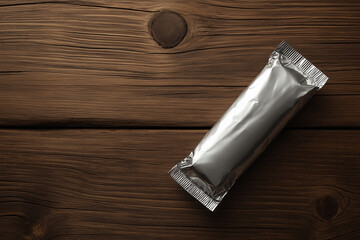 Silver Foil Snack Bar on Wooden Surface Mockup