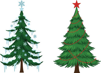 Beautiful Christmas trees decorated with snowflakes, icicles, stars, and festive ornaments, holiday celebration winter season decoration vector illustration