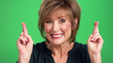 Excited senior woman with a cheerful expression crossing her fingers for good luck standing against a vibrant green screen background hoping for positive outcomes and success.