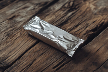 Silver Foil Snack Bar on Wooden Surface Mockup
