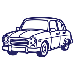 Simple blue outline illustration of a classic vintage sedan car with a white background