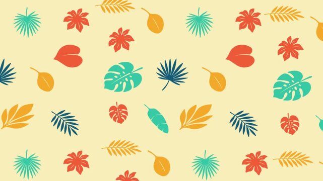 A dynamic animated background of colorful tropical leaves in seamless looped motion, a vibrant and fun summer pattern