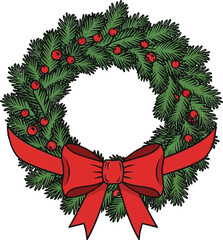 Festive christmas wreath with red berries and a bow on a white clean background