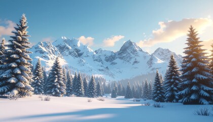 Majestic snow-covered mountains and a tranquil winter forest bathed in morning sunlight, showcasing a breathtaking natural landscape of pristine beauty
