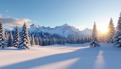 Serene winter sunrise paints a majestic mountain landscape, with snow-covered pine trees and untouched slopes bathed in a warm golden light, evoking natural tranquility