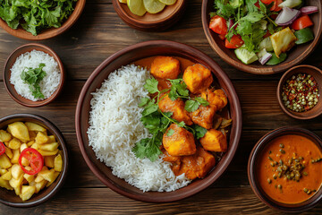 Traditional Bangladeshi Lunch with Rice, Chicken Curry and Salad on Wooden Table
