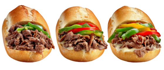 A close-up view of three delicious sandwiches filled with juicy beef, colorful bell peppers, and fresh toppings, set against a plain background, ideal for food-related content