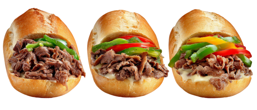 A close-up view of three delicious sandwiches filled with juicy beef, colorful bell peppers, and fresh toppings, set against a plain background, ideal for food-related content