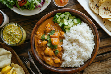 Traditional Bangladeshi Lunch with Rice, Chicken Curry and Salad on Wooden Table