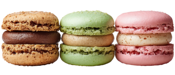 A vibrant display of three colorful macarons stacked in pairs, showcasing a variety of flavors, set against a clean white background ideal for culinary promotions and dessert menus