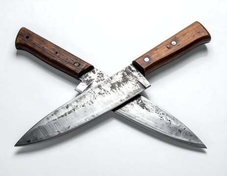 Two crossed kitchen knives with wooden handles on a white surface