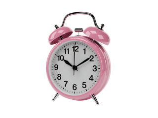 Bright pastel pink small analog alarm clock isolated on transparent background