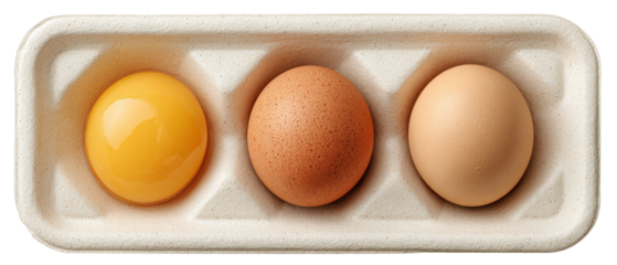 A close-up view of three eggs placed in a biodegradable carton, showcasing their distinct colors and textures, with a soft focus background suggesting a kitchen setting