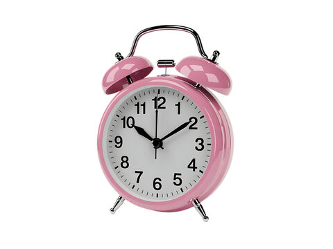 Bright pastel pink small analog alarm clock isolated on transparent background