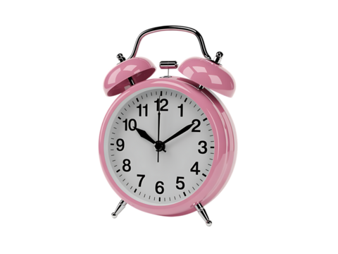 Bright pastel pink small analog alarm clock isolated on transparent background