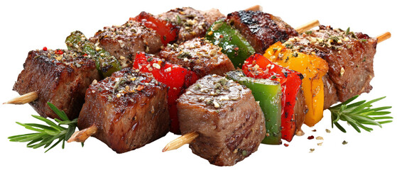 Grilled skewers of marinated beef and colorful bell peppers served on a wooden platter, showcasing a vibrant and appetizing meal ideal for summer gatherings or barbecues