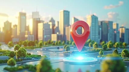 Red GPS location pin hovering over a futuristic digital map with a modern city skyline in the background at sunrise - Powered by Adobe