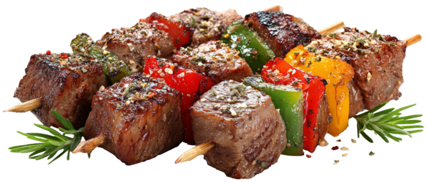 Grilled skewers of marinated beef and colorful bell peppers served on a wooden platter, showcasing a vibrant and appetizing meal ideal for summer gatherings or barbecues