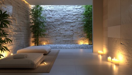 Peaceful sanctuary for massage and relaxation therapy, with glowing candles and natural elements like stone and bamboo