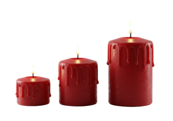 Three deep red pillar candles, small to large, with golden flames and melted wax drips, isolated on a transparent studio background with soft shadows, concept of warmth and tranquility
