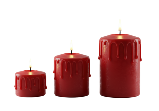 Three deep red pillar candles, small to large, with golden flames and melted wax drips, isolated on a transparent studio background with soft shadows, concept of warmth and tranquility - Powered by Adobe