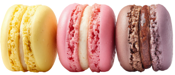 A vibrant display of three colorful macarons?yellow, pink, and purple?stacked neatly against a white background, ideal for dessert menus or culinary blogs