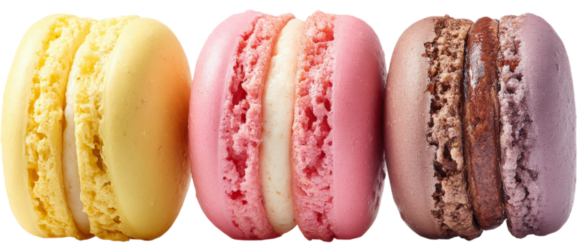 A vibrant display of three colorful macarons?yellow, pink, and purple?stacked neatly against a white background, ideal for dessert menus or culinary blogs