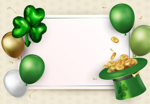 St. Patrick’s Day clover balloon frame with green hat and gold coins, festive Irish celebration background for invitation, greeting card, poster, and holiday promotion, vector illustration
