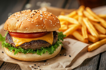 Classic Cheeseburger with Golden Fries on a Wooden Table 