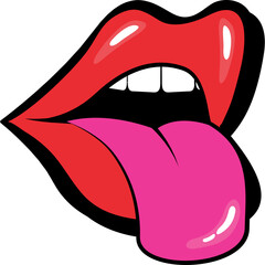 Red Glossy Lips With Pink Tongue Sticking Out Against Black Outline And Transparent Background
