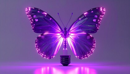 Illuminated Butterfly Resting On A Light Bulb With Purple Light Emitting From It