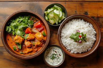 Traditional Bangladeshi Lunch with Rice, Chicken Curry and Salad on Wooden Table