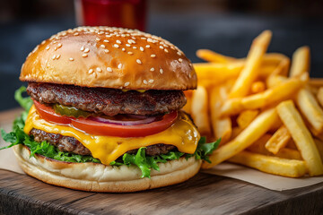 Classic Cheeseburger with Golden Fries on a Wooden Table 