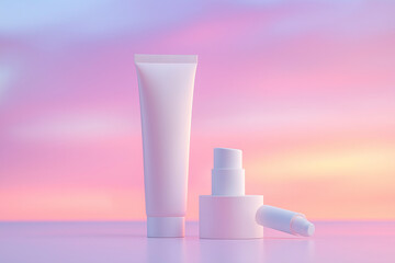 Cosmetic Pump Bottle and Tube Mockup on Soft Sunset Gradient Background
