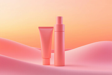 Cosmetic Pump Bottle and Tube Mockup on Soft Sunset Gradient Background