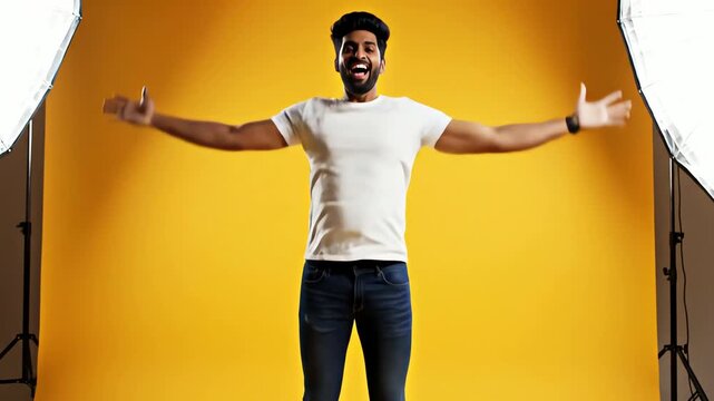 Excited young Indian man celebrating success with joyful expression on yellow backdrop