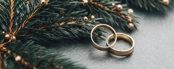 wedding rings against the backdrop of a Christmas tree.