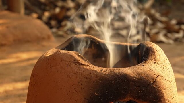 Smoke Rising from Traditional Clay Stove 4l video 