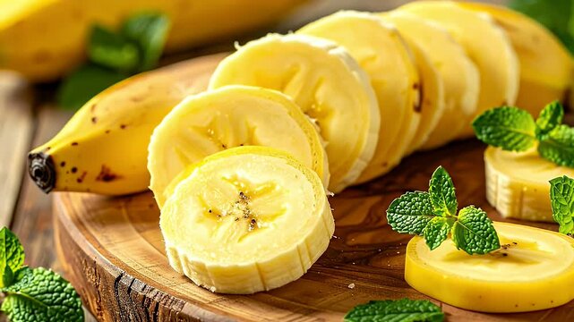 Ripe Yellow Bananas Sliced and Garnished With Mint Leaves on a Wooden Cutting Board