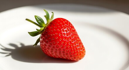 A single ripe strawberry sits on a white plate casting a shadow