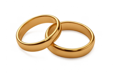 Two gold wedding rings interlocked on a transparent background