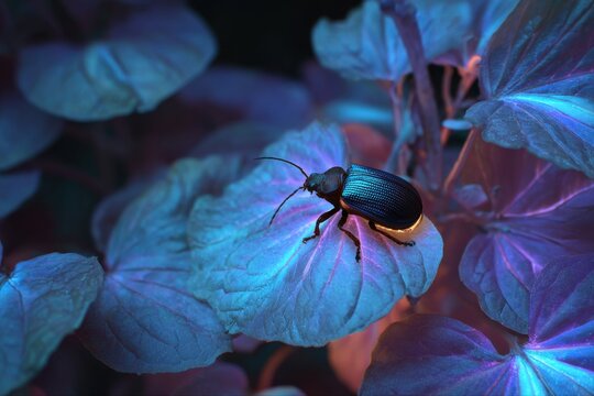 iridescent beetle glows on mystical foliage