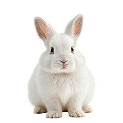 Fototapeta premium Fluffy white bunny with long ears, brown eyes, sitting upright