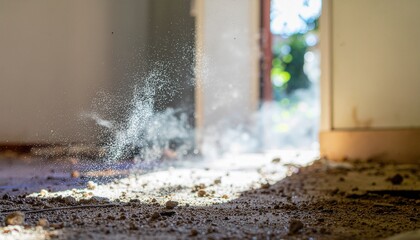Dust particles floating in the sunlight of a dilapidated room with debris on the floor and open doorway