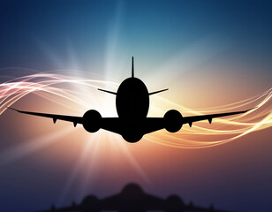 Silhouette of a vintage airplane flying against a vibrant, abstract background with streaks of light.