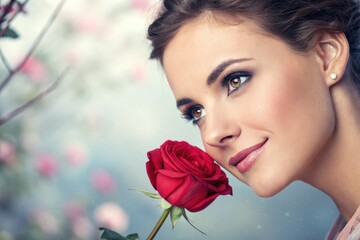 Fototapeta premium Young Woman Enjoys a Red Rose in a Blooming Garden Setting