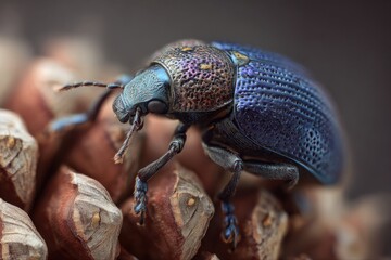 iridescent blue beetle on textured nuts