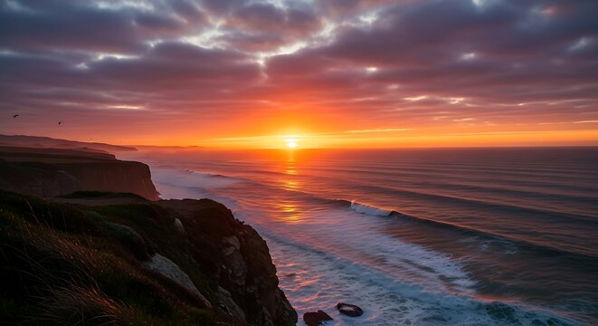 Dramatic sunset over the ocean with waves crashing against cliffs