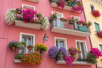 Fototapeta premium Vibrant Flower-Filled Balconies on Colorful Buildings in a Charming Town